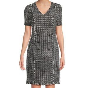 NANETTE LEPORE Fringed Tweed Button Detail Mini Dress Black White NWT